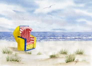 Poster DIN-A3 Watercolor Maritime Art Print North Sea Cuxhaven Duhnen Beach Chair Ocean